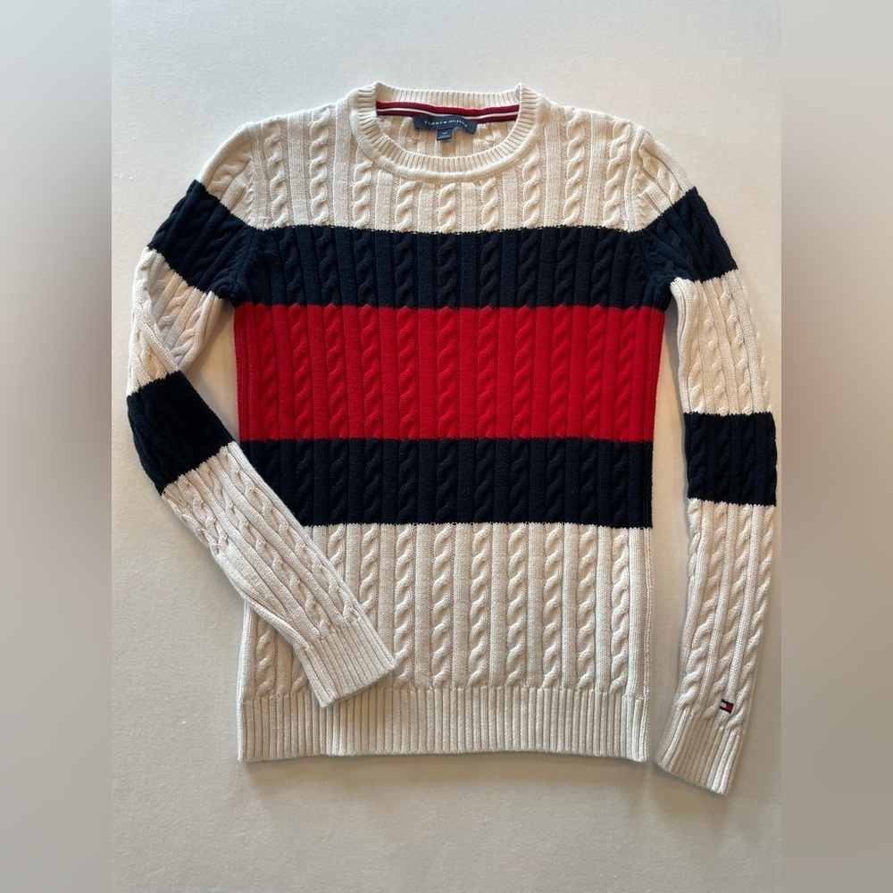 Pristine vintage Y2K, Tommy Hilfiger 100% cotton cable knit flag sweater size S - Picture 2 of 7